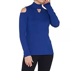 Susan graver blue long sleeve cold‎ shoulder knit blouse